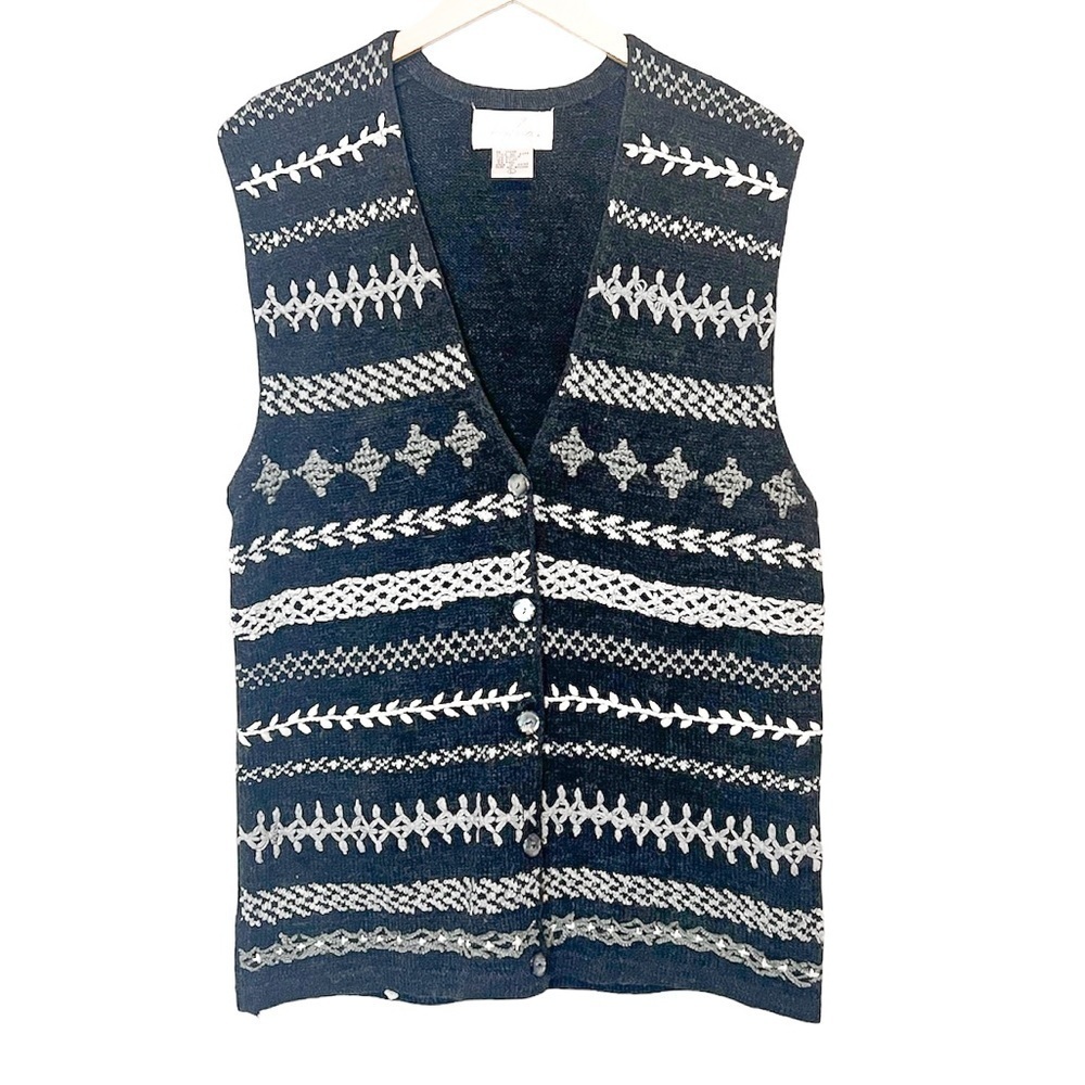 Vintage Jacqueline Smith Knit Button Front Patterned Wool Blend Vest Large